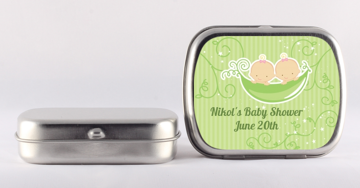  Twins Two Peas in a Pod Caucasian - Personalized Baby Shower Mint Tins 1 Girl 1 Boy